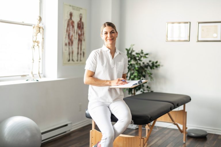 A Modern rehabilitation physiotherapy woman worker at job